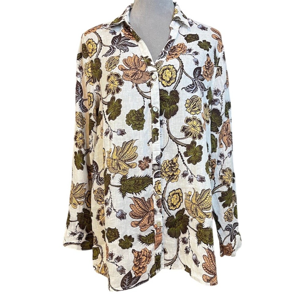100% Linen Floral Button Up Blouse L Coastal Breathable Vacation Resortwear